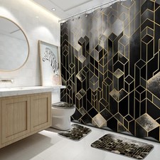 4Pcs Bathroom Sets with Shower Curtain and Rugs Bathroom Shower Curtain Black
