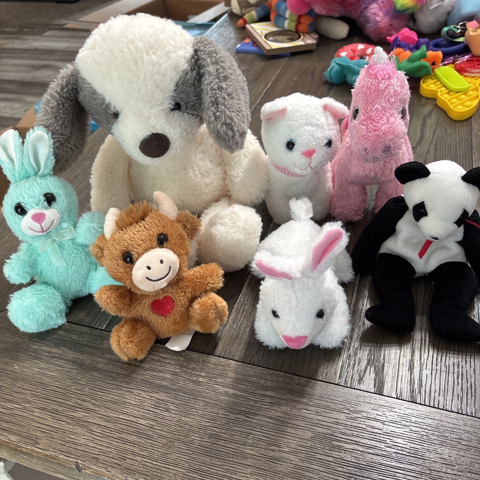 Lot Of 7 Stuffed Plush Animals. Dog, Bear, Unicorn, Bunny, Cat, & Bull. Small