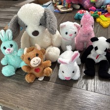 Lot Of 7 Stuffed Plush Animals. Dog, Bear, Unicorn, Bunny, Cat, Bull. Small