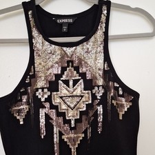 Express Black Gold Sequin Geometric Bodycon Knee Dress Scoop Neck Size Medium