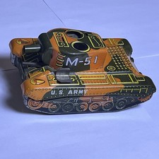 Vintage Tin Friction Tank - Metal M-51 Orange  Green 6  Tank