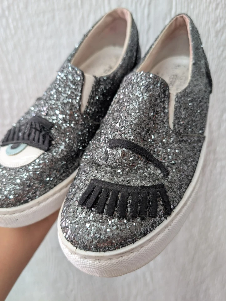 Chiara Ferragni Flirteo Brillo Sin Cordones Tenis Zapatos en Plata Talla 36 Foto 3 de 4
