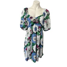 Gap Floral Smocked Back Puff Sleeve Mini Dress Blue Pink Pockets Cotton Womens M