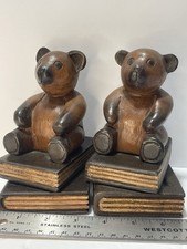 Pair Of Vintage Teddy Bear Figurine Sitting On Books   - Wood Carved