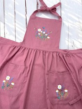 Linen Cotton Embroidered Floral Apron with Pockets Kitchen Cooking Baker Gift
