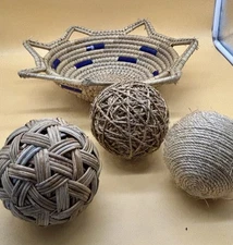 Woven Basket With Decorative Wicker Rattan Rope Monkey Balls Decor Costal Boho