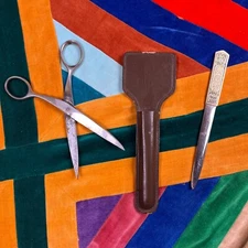 Vintage Stahl Desk Set Scissors & Ornate Letter Opener Germany Leather Case