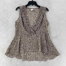 Cabi Leopard Sleeveless Blouse Womens MEDIUM Semi Sheer Top Peplum Babydoll