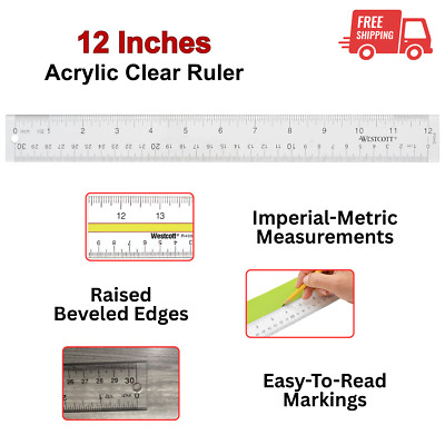 12 In Acrylic Clear Ruler, Easy To Read Markings, Raised Beveled Edges ...