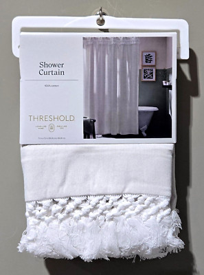 Threshold Light Gray & Crochet Top Trim 100% Cotton Shower Curtain 72'' x 72''