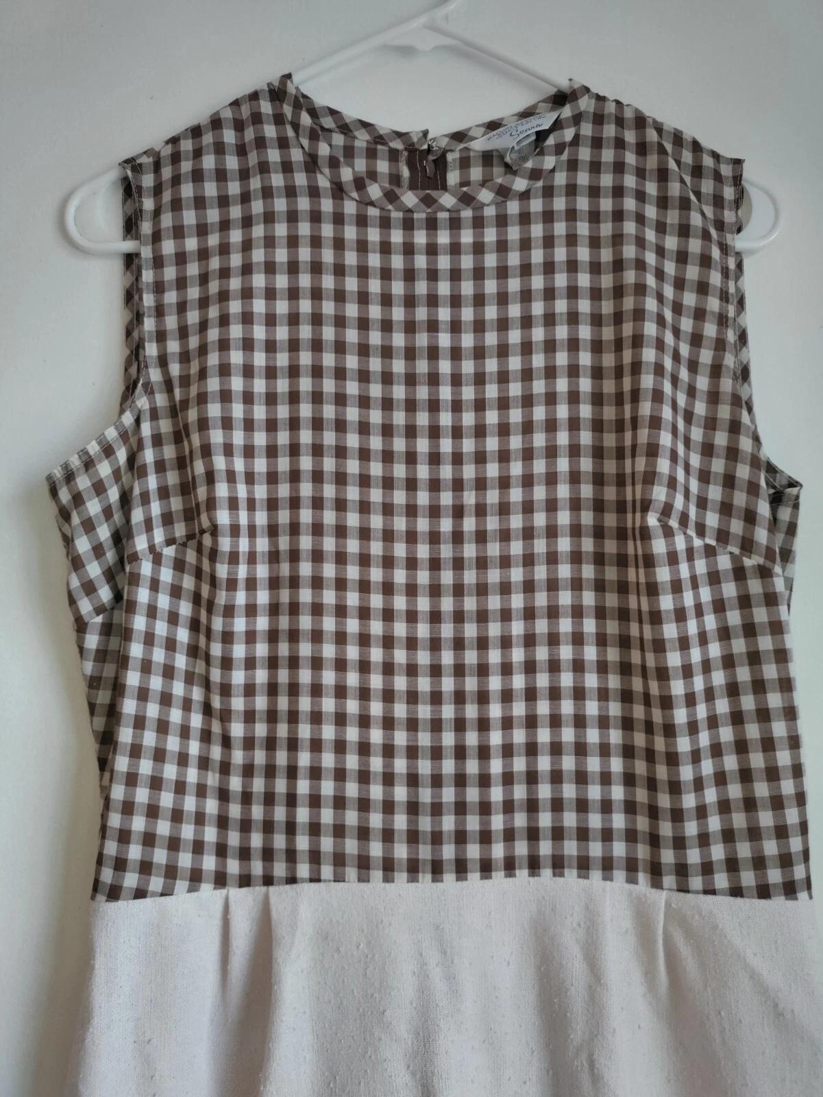 OFF WHITE Abito Sears senza maniche vintage anni 60 taglia 14 ILGWU marrone e bianco sporco a quadri