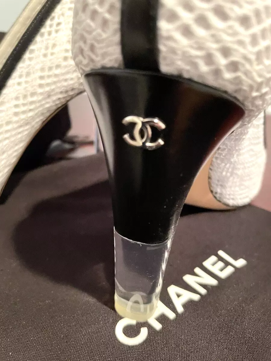 CHANEL SHOES OPEN DIAMOND DESIGN BLACK TRIM CC LOGO 36.5B CLEAR&BLK HI  HEEL/SAKS