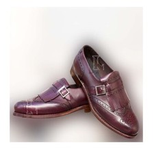 Handmade Men's Purple Wing Tip Fringe Monk Straps Leather Dress Shoes, Sale !!!