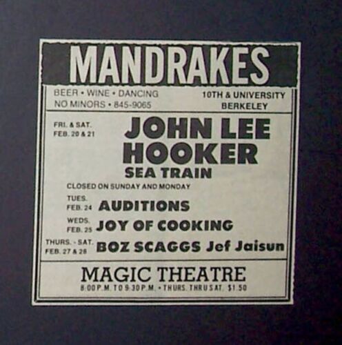 John Lee Hooker Boz Scaggs Joy Of Cooking Sea Train Mandrakes SF 1970 Concert Ad - Afbeelding 1 van 1