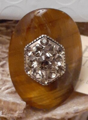 Designer Sterling Silver Tiger's eye Swavorski Crystal Ring Size 7 Thailand 925