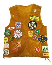 Vintage Brown Leather Hippie Vest Covered In Patches And Stickers. Cosplay