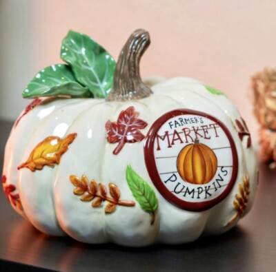 Blue Sky Clayworks FARMER S MARKET  Ceramic Pumpkin  Fall Leaves  NEW HTF