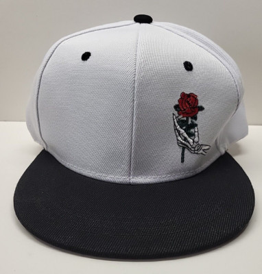 Skeleton Hand & Rose Embroidered Baseball Hat - Snap Back Flat Bill (Black Grey)