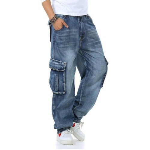 Jeans uomo tinta unita classici relaxed fit pantaloni cargo grandi alti larghi robusti - Foto 12 di 17