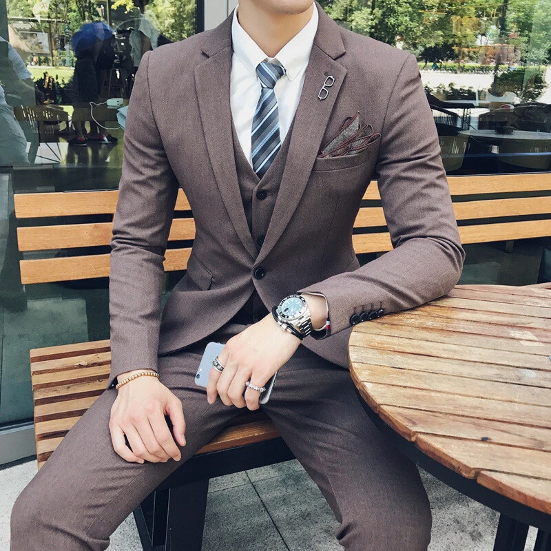 Men Business Casual Suit Blazer 3 piece Slim Formal Professional