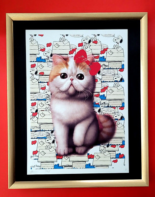 DEATH NYC Hand Signed LARGE Print Framed 16x20in COA CAT WITH RED BOW SNOOPY ^