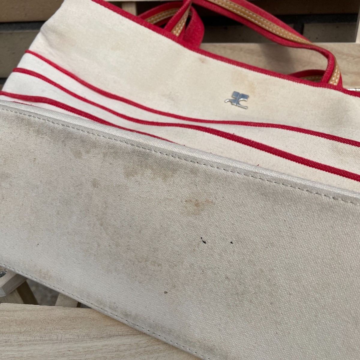 Courreges Iconic Striped Tote Bag White Red Women Vintage 