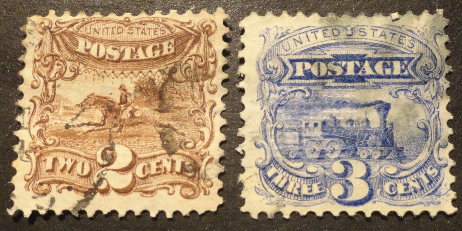 SCOTT #113-114 USED 1869 POST RIDER & LOCOMOTIVE PICTORIAL STAMPS CV $120.00