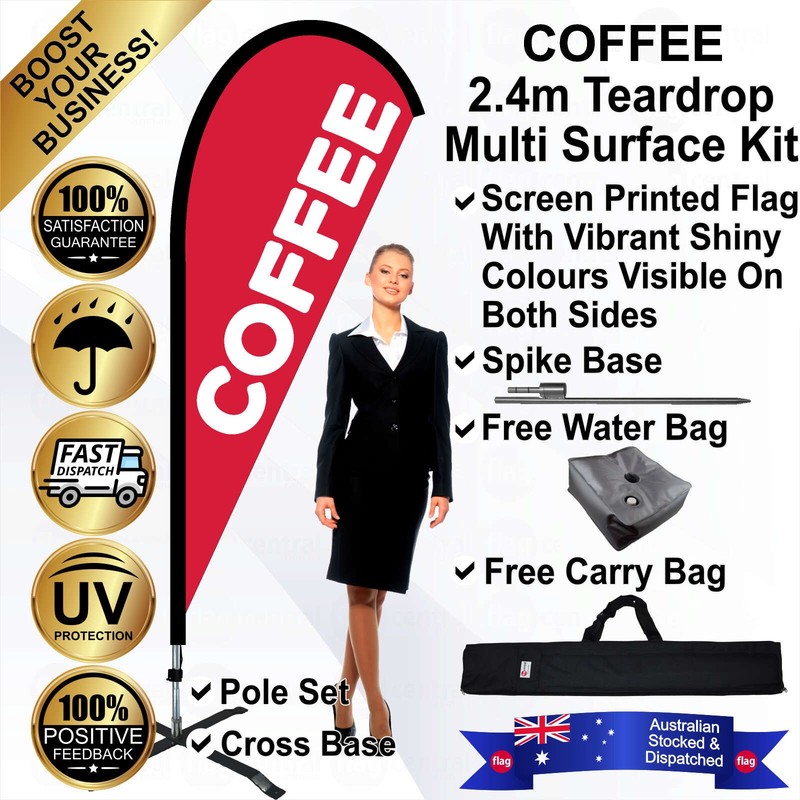 K - COFFEE Red 2.4m Teardrop Flag / Banner Kit with Pole Set, Galvanised Steel Ground Spike, Steel Outdoor Cross Base, Free 15kg Water Bag and a Free Carry Bag - 1