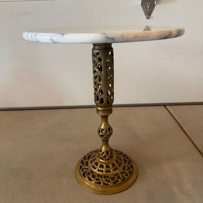 Antique Brass & Marble Pedestal Side Table Plant Stand Hollywood Regency Vintage