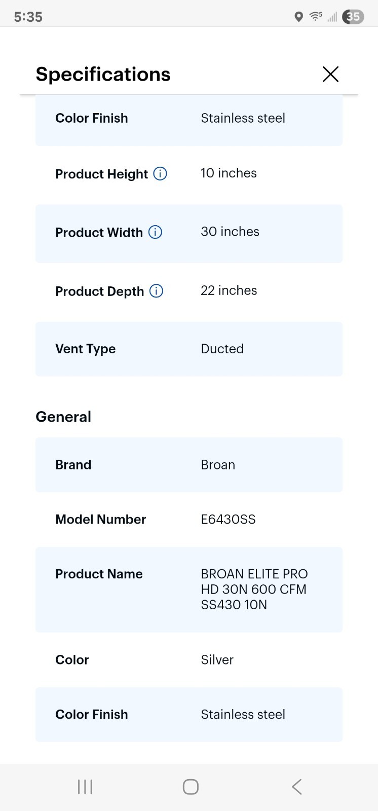 Broan Elite 30 inch range hood under cabinet E6430SS 600CFM