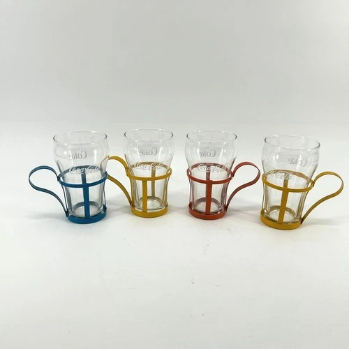 Vintage Coca Cola Bell Shape 6 oz Glass Set of 4 W/Metal Holders Multi Color