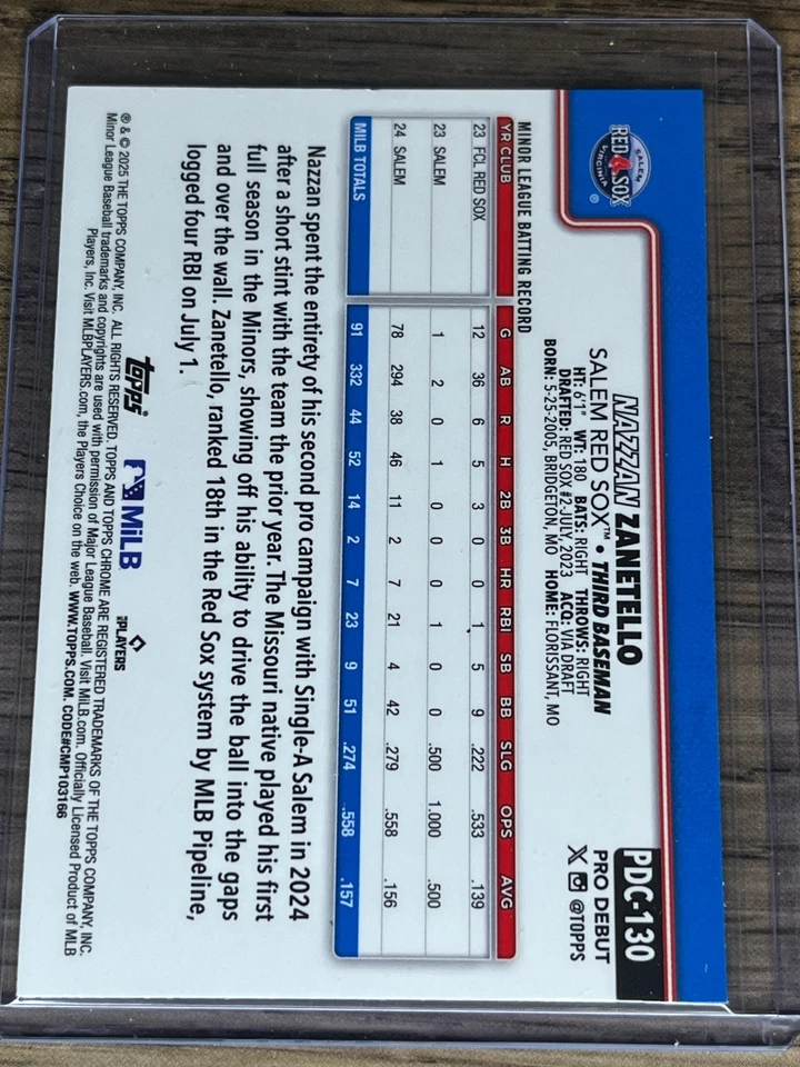 2025 Topps Pro Debut - Chrome Nazzan Zanetello #PDC-130 X-Fractor (RC) RED SOX!! - Image 2 of 2