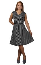 Vintage Striped A-line Cocktail Dress with Belt Tie White Black Small