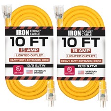 2 Pack 10ft Outdoor Extension Cords - 12/3 SJTW Heavy Duty Lighted Yellow 15 AMP