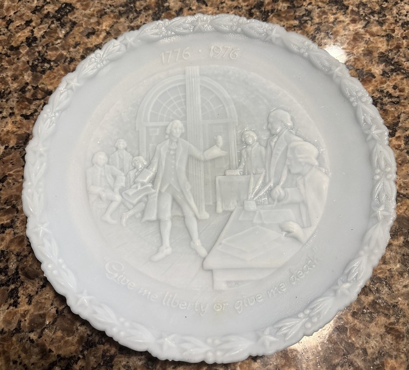 Fenton Plate Blue Glass Bicentennial 1976 Dish Give Me Liberty or Give Me Death