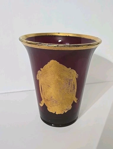 Vintage Czech Or Murano Art Glass Ruby RED Vase Beaker Gold Gilt Boats 5.5"