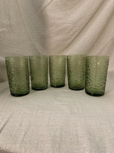 VTG Anchor Hocking Soreno Avocado Green Textured Glass Tumbler 5.25" Set Of 5