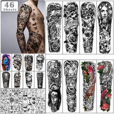 46 Sheet Waterproof Temporary Tattoo Set Full Arm Half Arm And Tiny Body Stic...