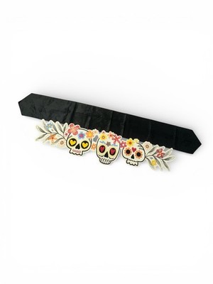 Table mantle Runner Black Embroidered Sugar Skull Day of dead  Beautiful embroid