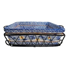 Temptations by Tara Old World Blue 2.5 Qt Casserole Metal Basket Glass Trivet