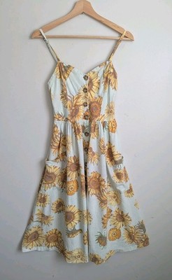Urban Outfitters Emilia Dress M Sunflower Linen Blend Sundress Midi Pockets! 