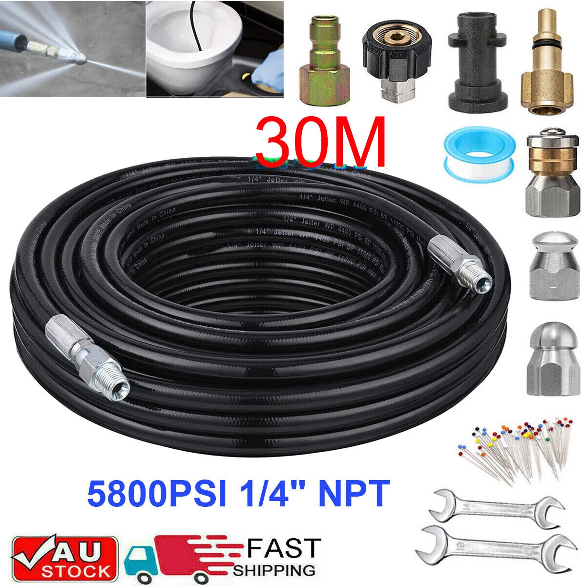 98FT Pressure Washer Hose Pipe Sewer Jetter Drain Cleaning Cleaner