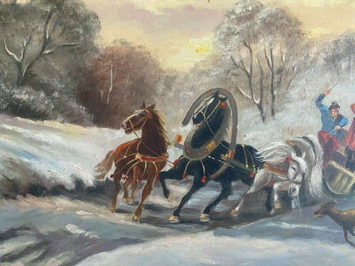 ::GEORG BEDEY *1898 PINTURA AL ÓLEO PASEO EN TRINEO RUSO CARRUAJE CABALLOS ACEITE ANTIGUO - Imagen 6 de 9