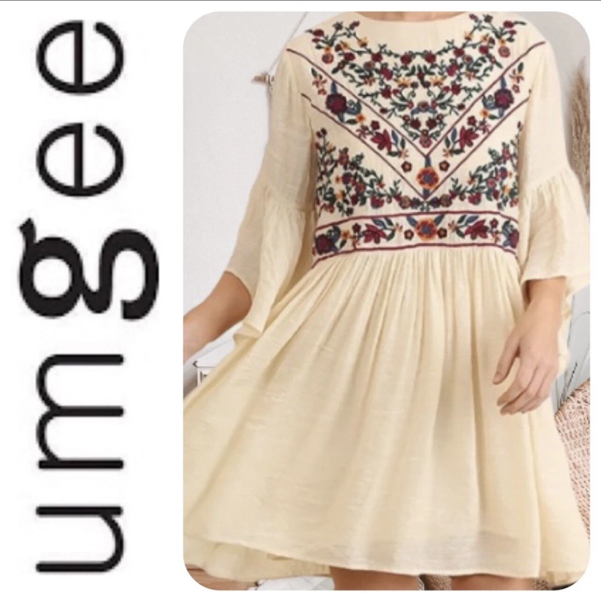 NWT Umgee Ivory Floral Embroidered Ruffle Sleeve Dress Sz Large