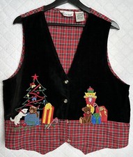 De Colección Casey & Max Terciopelo Tartán Cuadros Bordado X- Mas Chaleco Oso Años 80 90 Talla Lg