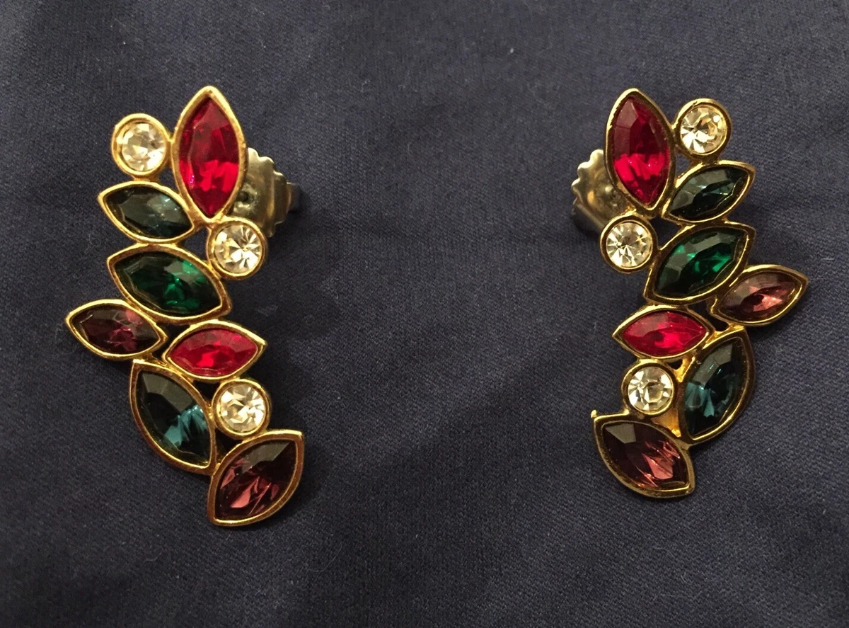Vintage Lady Remington Jewelry Jewel Colored Stones Gold Tone Stud Earrings