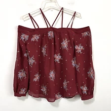 Ro & De Strappy Off Shoulder Top S Burgundy Needlepoint Semi Sheer Casual Shirt
