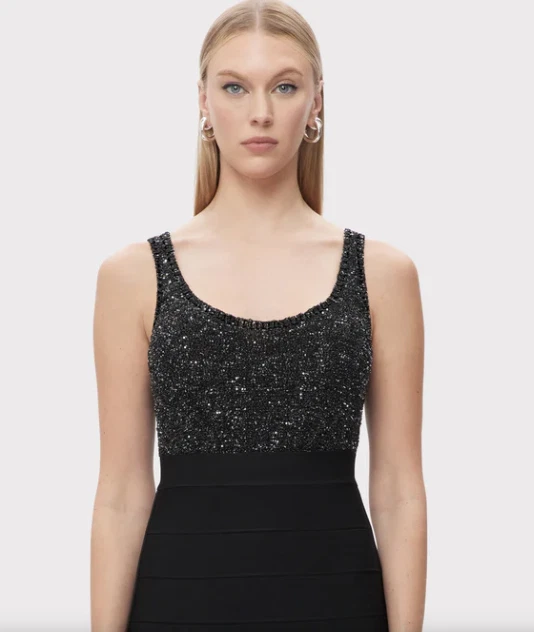 Camiseta sin mangas Herve Leger para mujer The Fiona negra lentejuelas - talla XS - venta al por menor $490 Foto 3 de 4