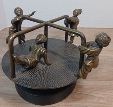 Metal Sculpture Brass Merry Go Round Children Playing Roundabout Carousel 9"x6"