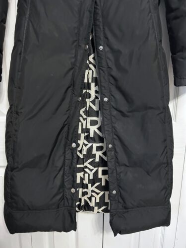 DKNY Women's Black Down Filled Long Duvet Zipper Puffer Coat Hooded Size XS - Picture 8 of 15
